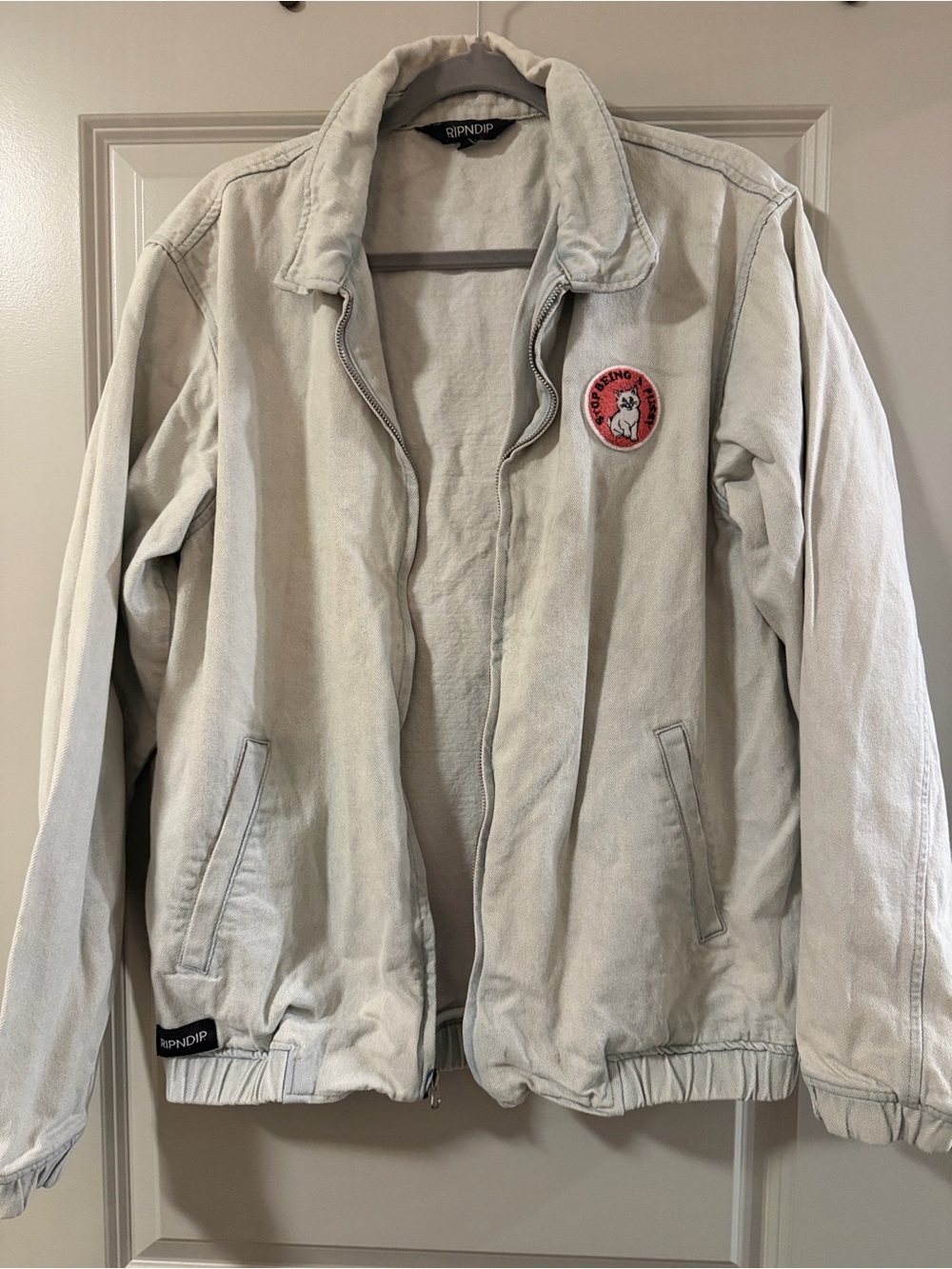 RIPNDIP light gray zip-up shirt jacket with patch